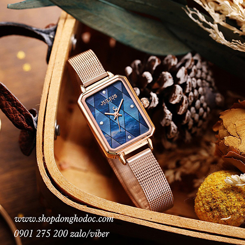 Đồng hồ nữ Julius Hàn Quốc JA 1280B dây kim loại mặt chữ nhật khảm trai xanh cá tính ĐHĐ30304
