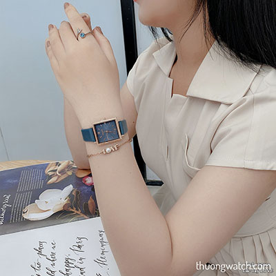 Đồng hồ nữ Julius JA 1335C dây da mặt chữ nhật xanh dương cá tính ĐHĐ41002