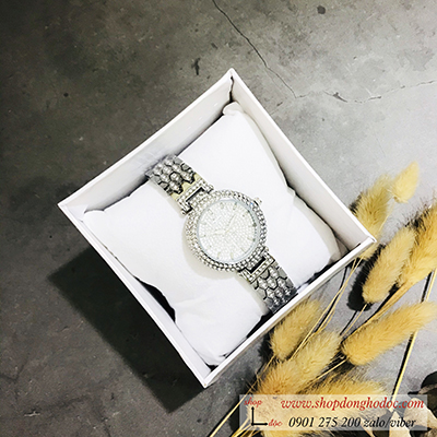Đồng hồ nữ mâm xôi BS Bee Sister dây kim loại mặt tròn đính đá bạc ĐHĐ10801