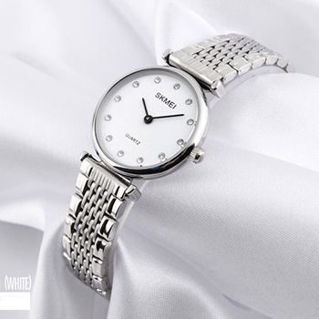 Đồng hồ nữ Skmei dây kim loại bạc mặt tròn trắng thanh lịch ĐHĐ26303