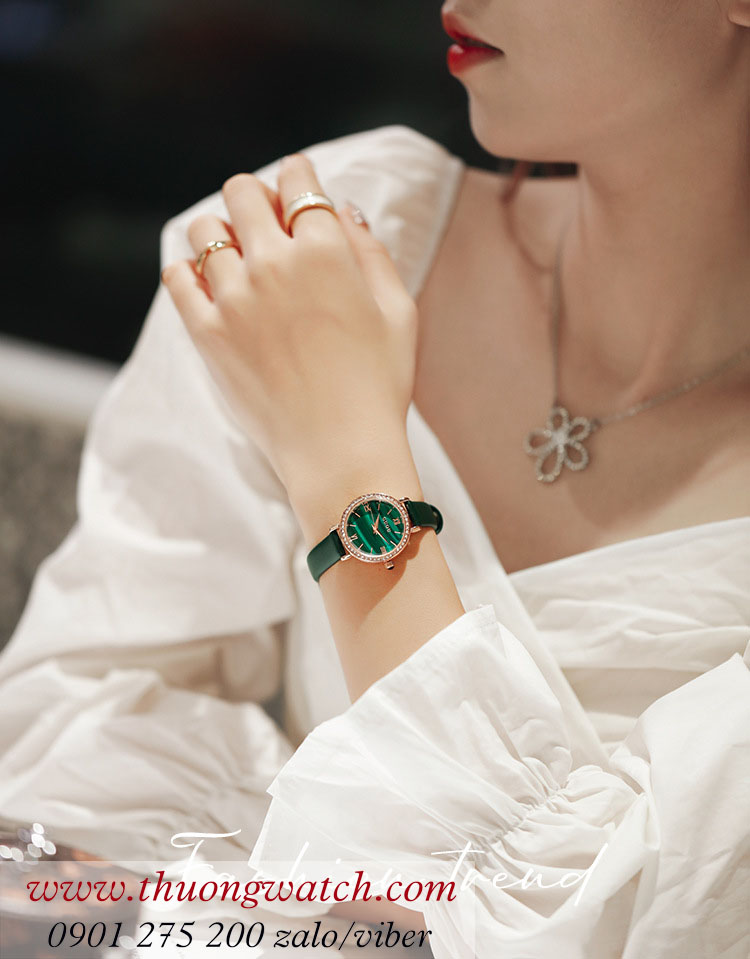Đồng hồ nữ Guou 6043 dây da mặt tròn size nhỏ xanh lục sành điệu ĐHĐ39203