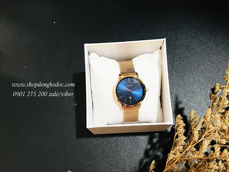 Đồng hồ nữ dây kim loại lưới vàng mặt tròn mỏng xanh dương sang trọng ĐHĐ20501