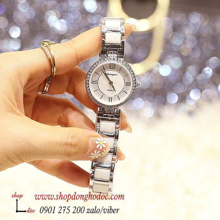 Đồng hồ nữ dây đá Caremic bạc mặt tròn đính đá trắng thời trang ĐHĐ28402