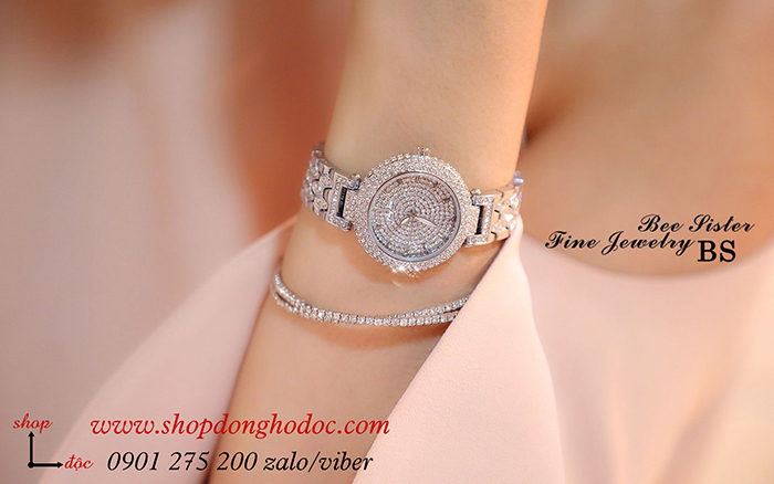 Đồng hồ nữ mâm xôi BS Bee Sister dây kim loại mặt tròn đính đá bạc ĐHĐ10801