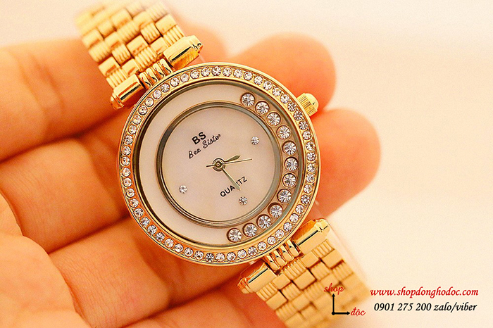 Đồng hồ nữ BS Bee Sister dây kim loại mặt tròn đính đá vàng sang chảnh ĐHĐ17902