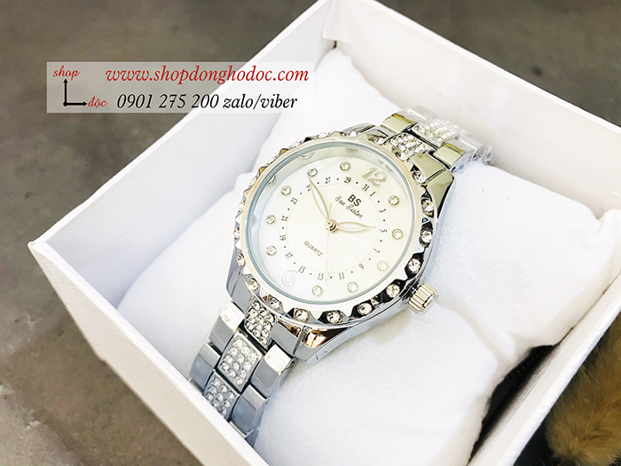 Đồng hồ nữ BS Bee Sister dây kim loại mặt tròn đính đá bạc hiện đại ĐHĐ18101