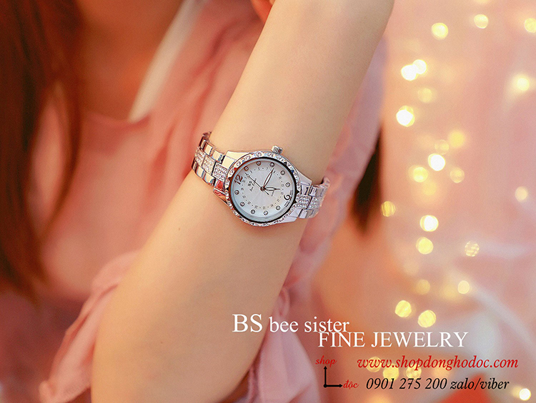 Đồng hồ nữ BS Bee Sister dây kim loại mặt tròn đính đá bạc hiện đại ĐHĐ18101