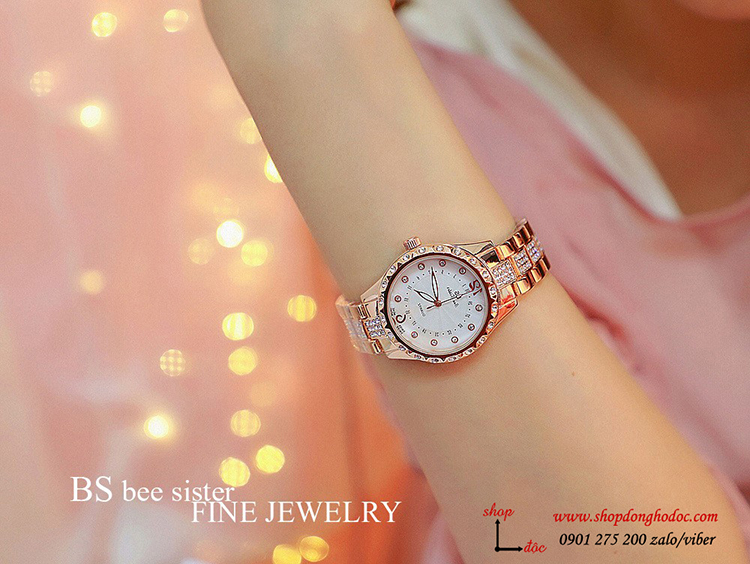 Đồng hồ nữ BS Bee Sister dây kim loại mặt tròn đính đá vàng hồng sang chảnh ĐHĐ18102