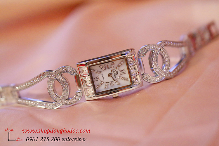 Đồng hồ nữ BS dây kim loại mặt chữ nhật bạc đính đá ĐHĐ18201