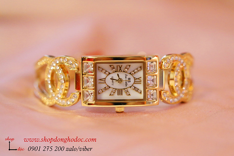 Đồng hồ nữ BS dây kim loại mặt chữ nhật vàng đính đá ĐHĐ18202