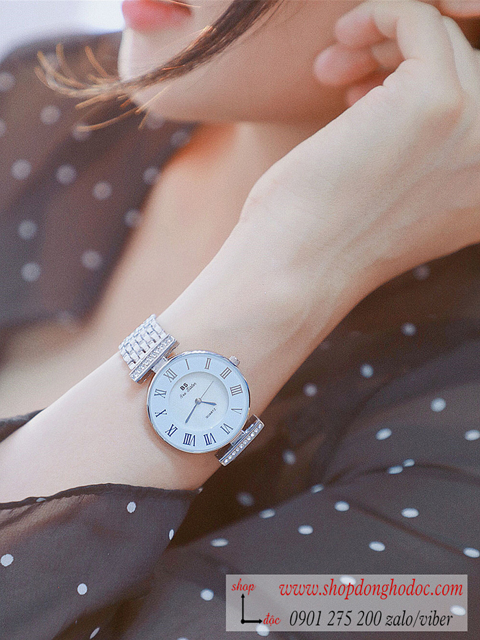 Đồng hồ nữ Bee Sisiter dây kim loại bạc mặt tròn trắng hiện đại ĐHĐ29103