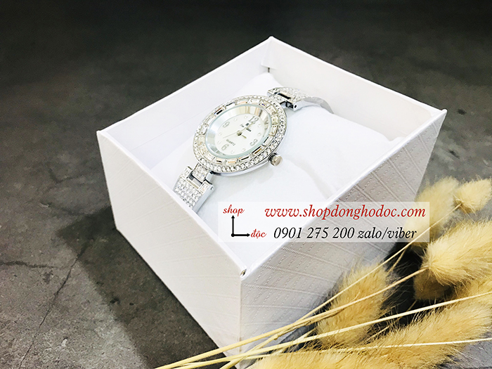 Đồng hồ nữ BS Bee Sister dây kim loại mặt tròn đính đá bạc ĐHĐ10602