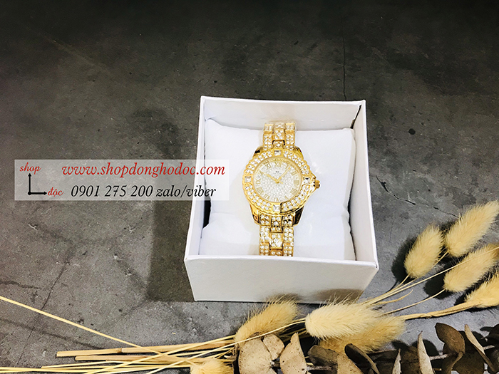 Đồng hồ nữ BS Bee Sister dây kim loại vàng mặt tròn đính đá sang chảnh ĐHĐ10703