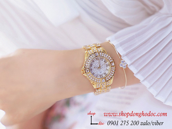 Đồng hồ nữ BS Bee Sister dây kim loại vàng mặt tròn đính đá sang chảnh ĐHĐ10703