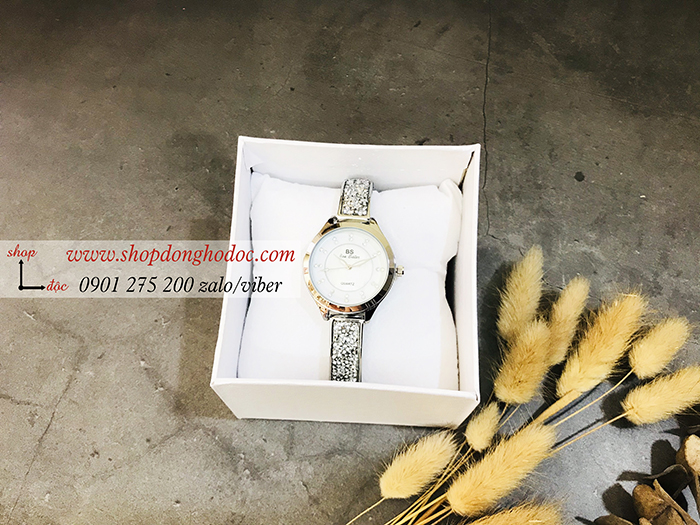 Đồng hồ nữ BS Bee Sister dây kim loại mặt tròn đính đá bạc ĐHĐ18001