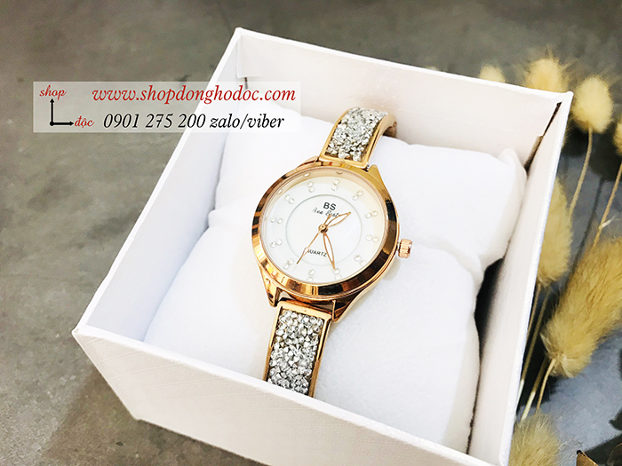 Đồng hồ nữ BS Bee Sister dây kim loại mặt tròn đính đá vàng hồng ĐHĐ18002