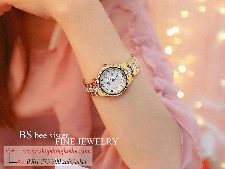 Đồng hồ BS Bee Sister nữ dây kim loại mặt tròn size to đính đá vàng sang chảnh ĐHĐ18103