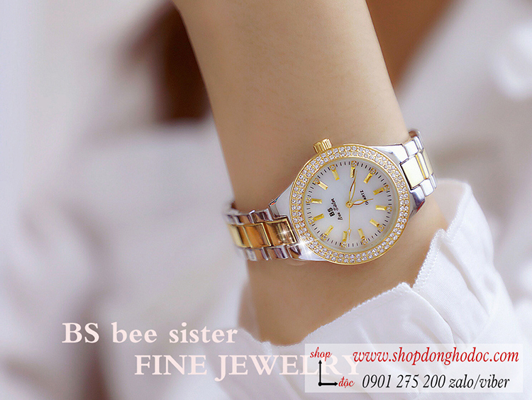 Đồng hồ BS Bee Sister nữ dây kim loại mặt tròn size to đính đá vàng bạc cá tính ĐHĐ28903