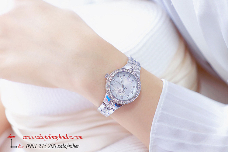 Đồng hồ nữ BS Bee Sisiter dây kim loại bạc mặt tròn đính đá hiện đại ĐHĐ29002