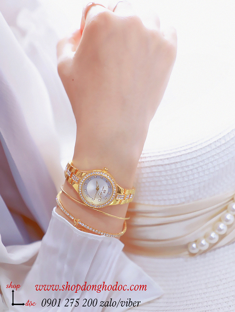Đồng hồ nữ BS Bee Sisiter dây kim loại vàng mặt tròn đính đá sang chảnh ĐHĐ29001
