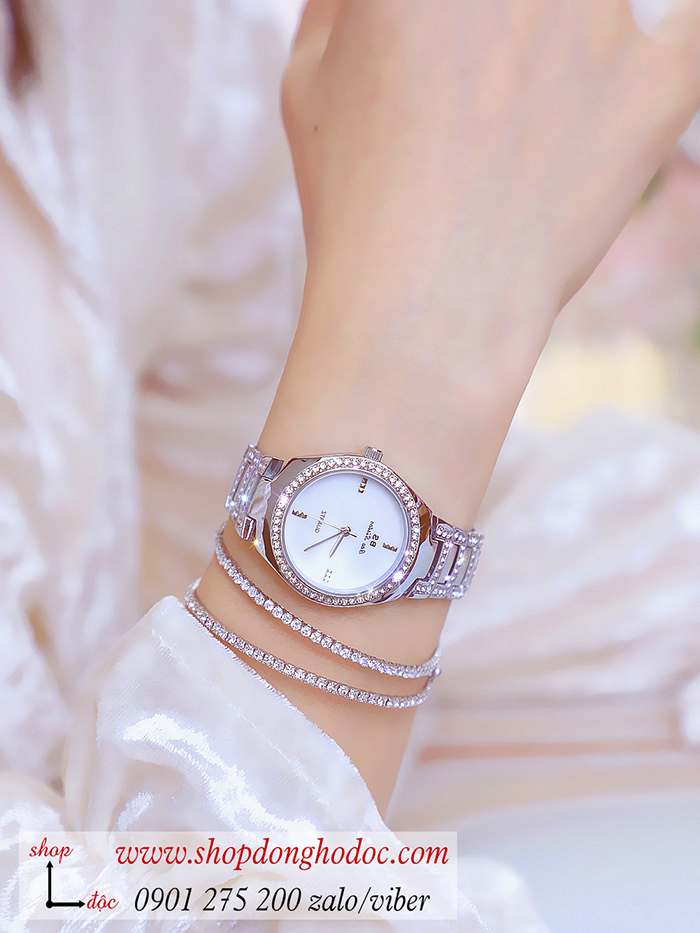 Đồng hồ nữ Bee Sisiter dây kim loại bạc mặt tròn đính đá bạc hiện đại ĐHĐ29202