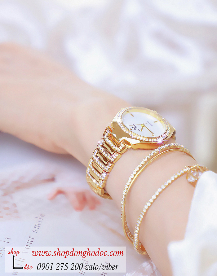 Đồng hồ nữ Bee Sisiter dây kim loại bạc mặt tròn đính đá vàng sang chảnh ĐHĐ29201