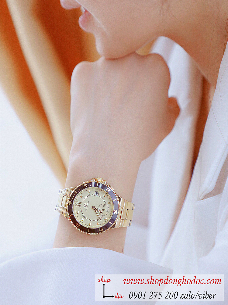 Đồng hồ nữ BS Bee Sisiter Size to có Lịch dây kim loại mặt tròn vàng ĐHĐ29404