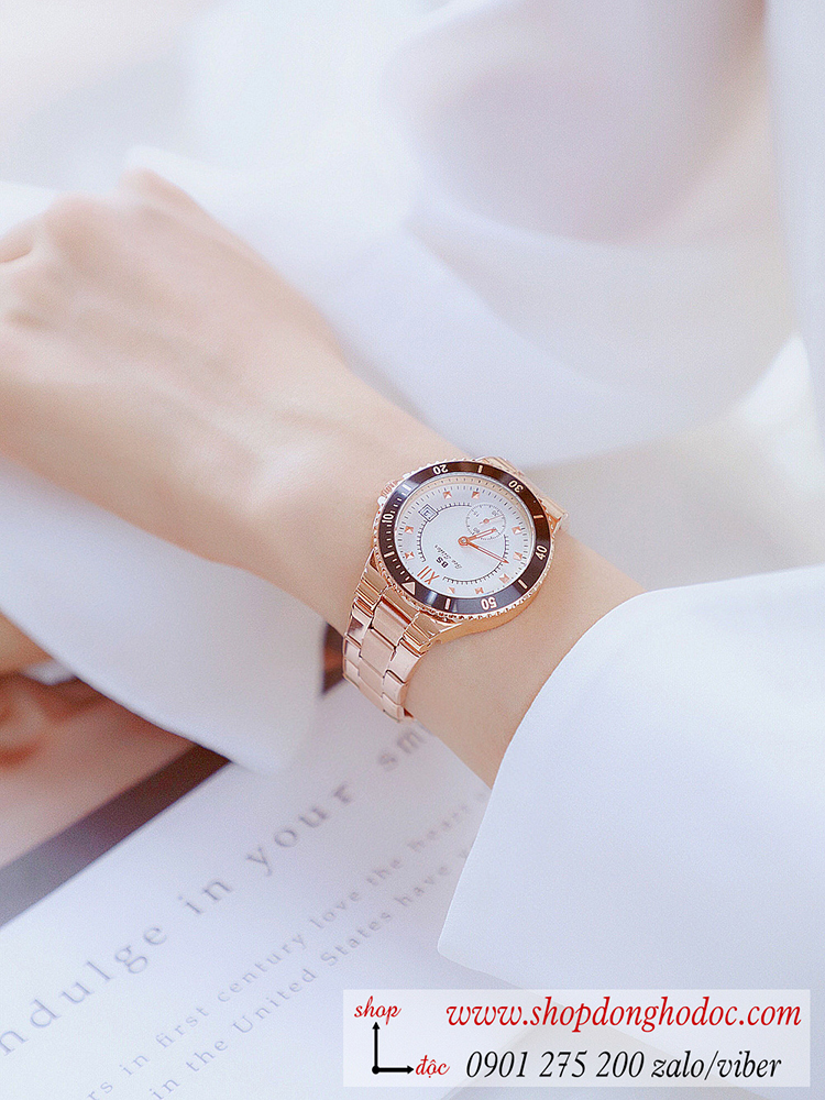 Đồng hồ nữ BS Bee Sisiter Size to có Lịch dây kim loại mặt tròn vàng hồng ĐHĐ29403