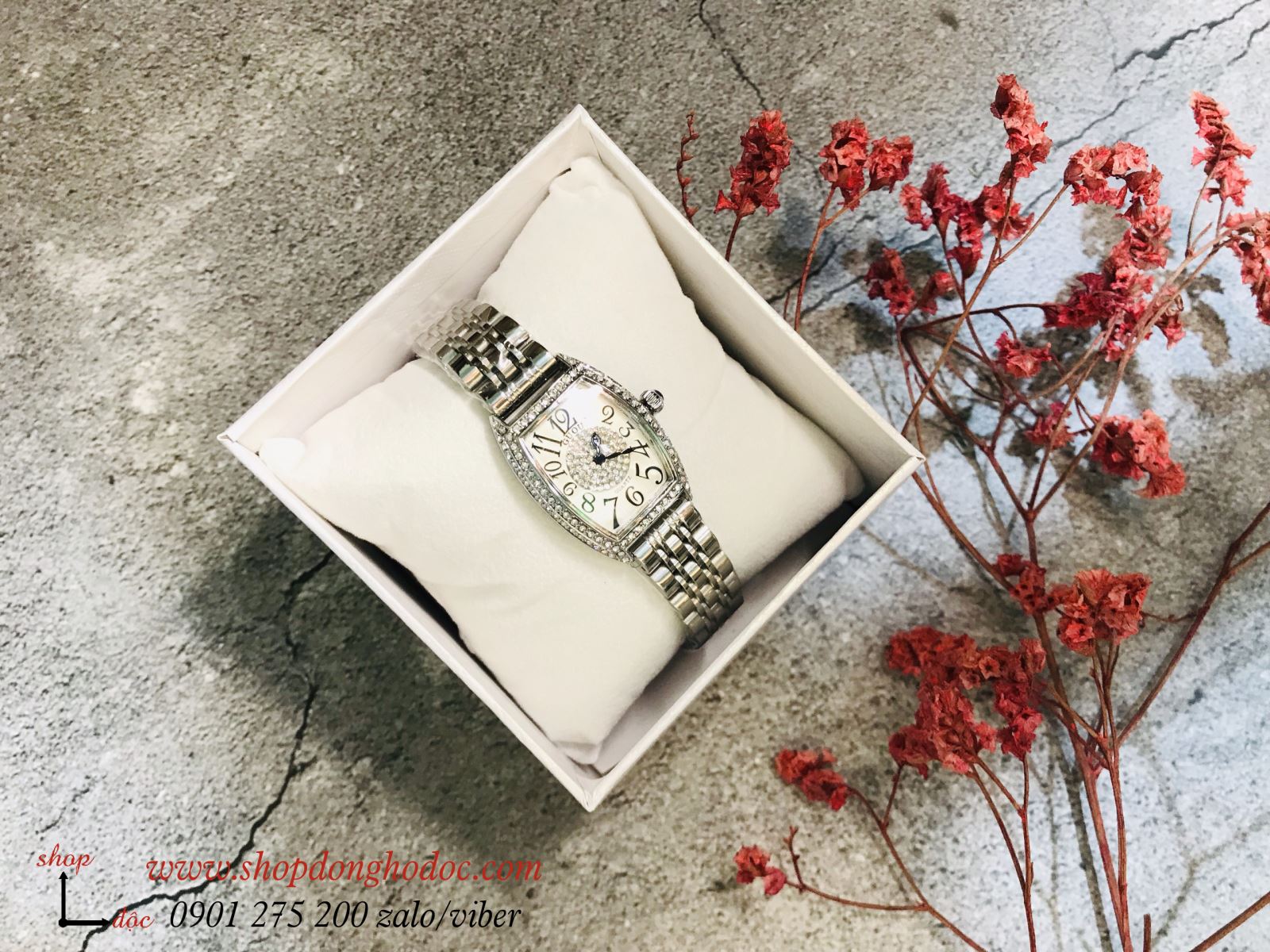 Đồng hồ nữ dây kim loại bạc mặt chữ nhật oval trắng viền đính đá sang trọng Guou ĐHĐ12904