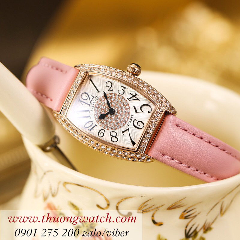 Đồng hồ nữ Guou dây da mặt chữ nhật oval hồng ngọt ngào ĐHĐ12910