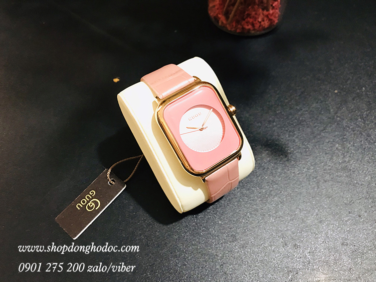 Đồng hồ nữ dây da mặt chữ nhật hồng pastel ngọt ngào Guou ĐHĐ23203