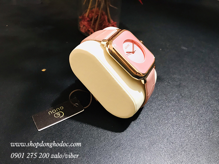 Đồng hồ nữ dây da mặt chữ nhật hồng pastel ngọt ngào Guou ĐHĐ23203
