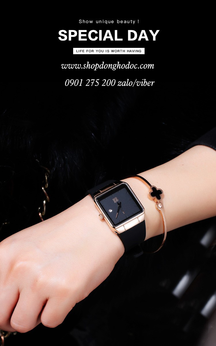 Đồng hồ nữ dây Silicon mặt vuông đen cá tính Guou ĐHĐ23305