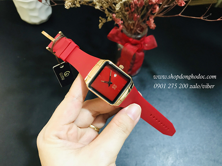 Đồng hồ nữ dây Silicon mặt vuông đỏ quyến rũ Guou  ĐHĐ23301