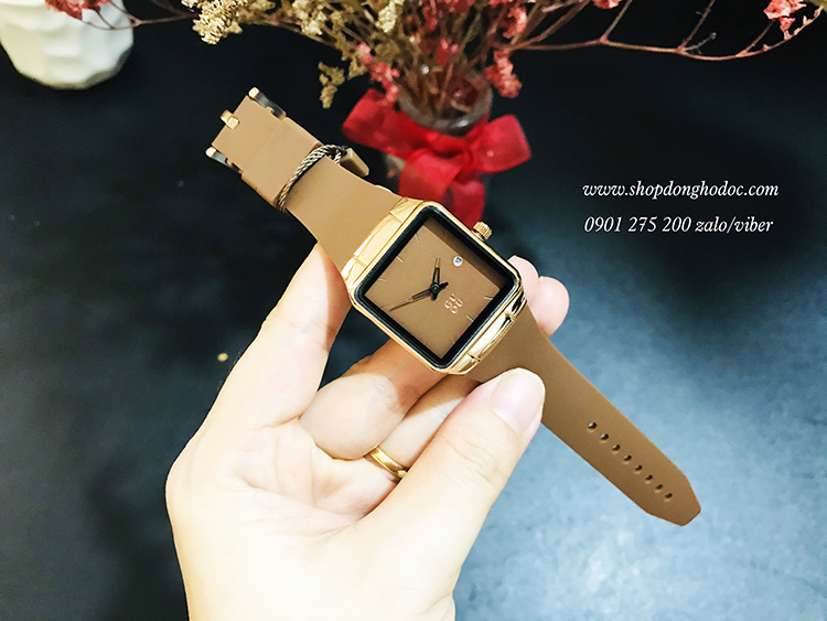 Đồng hồ nữ dây Silicon mặt vuông nâu sành điệu Guou ĐHĐ23303