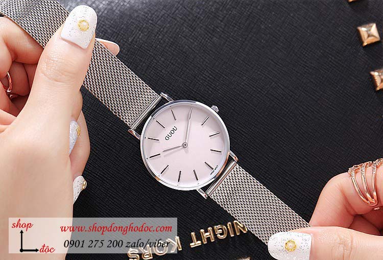 Đồng hồ nữ Guou dây kim loại bạc mặt tròn trắng nhẹ nhàng ĐHĐ23702
