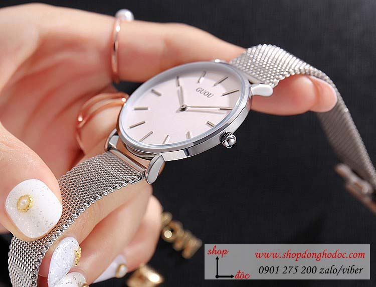 Đồng hồ nữ Guou dây kim loại bạc mặt tròn trắng nhẹ nhàng ĐHĐ23702