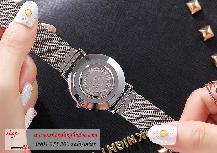 Đồng hồ nữ Guou dây kim loại bạc mặt tròn đen cá tính ĐHĐ23703