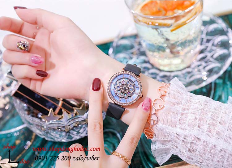 Đồng hồ nữ dây da mặt tròn hoa xoay 360 độ xám thời trang Guou ĐHĐ27102