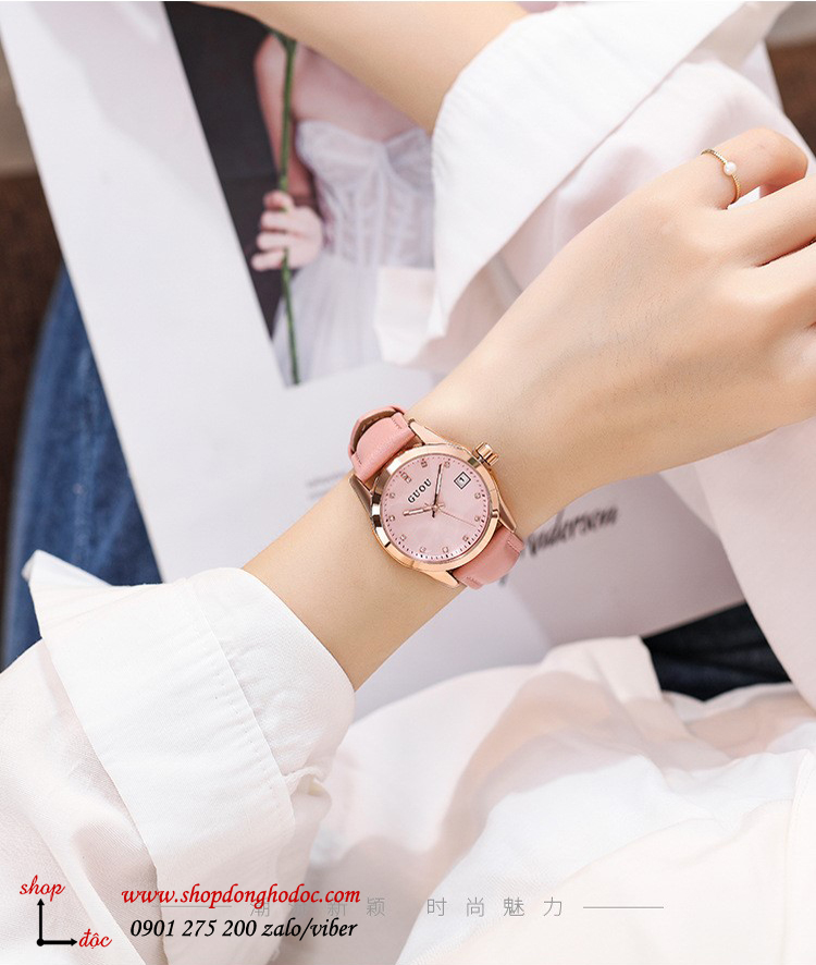 Đồng hồ nữ dây da mặt tròn hồng pastel nhẹ nhàng Guou ĐHĐ27404