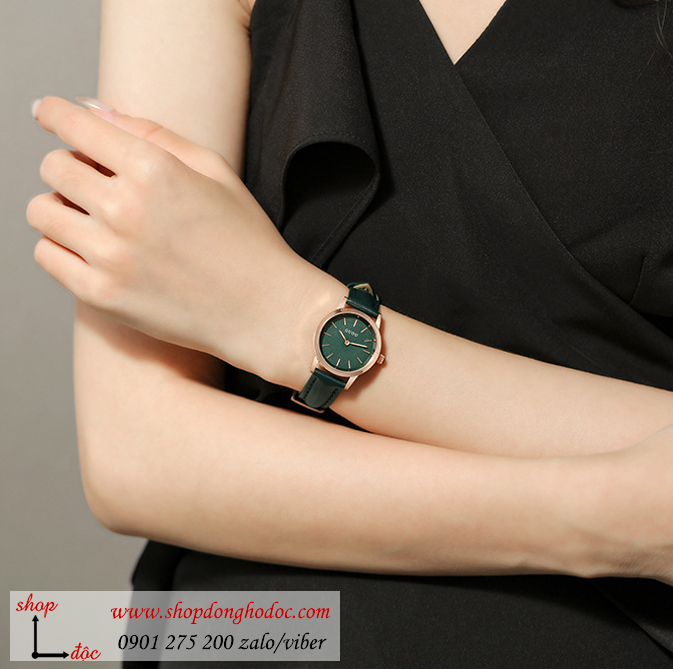 Đồng hồ nữ Guou dây da mặt tròn size nhỏ xanh lục sành liệu ĐHĐ31403