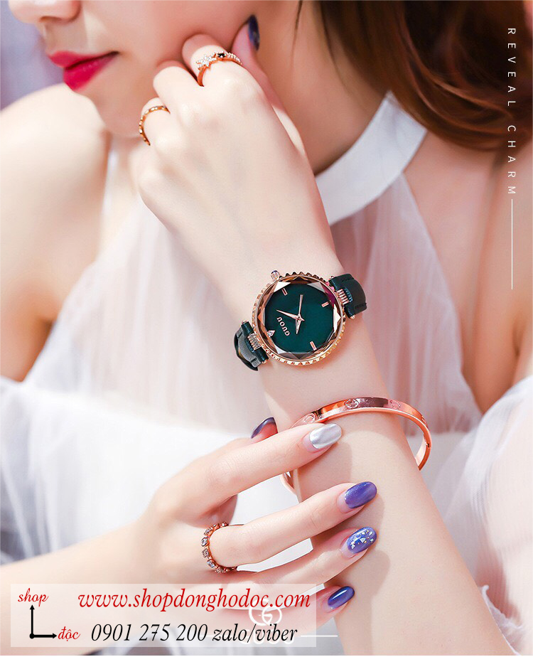 Đồng hồ nữ Guou dây da mặt tròn xanh lục sành điệu ĐHĐ31503