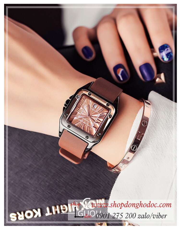 Đồng hồ nữ Guou size to dây cao su mặt vuông màu nâu tây cá tính ĐHĐ31601