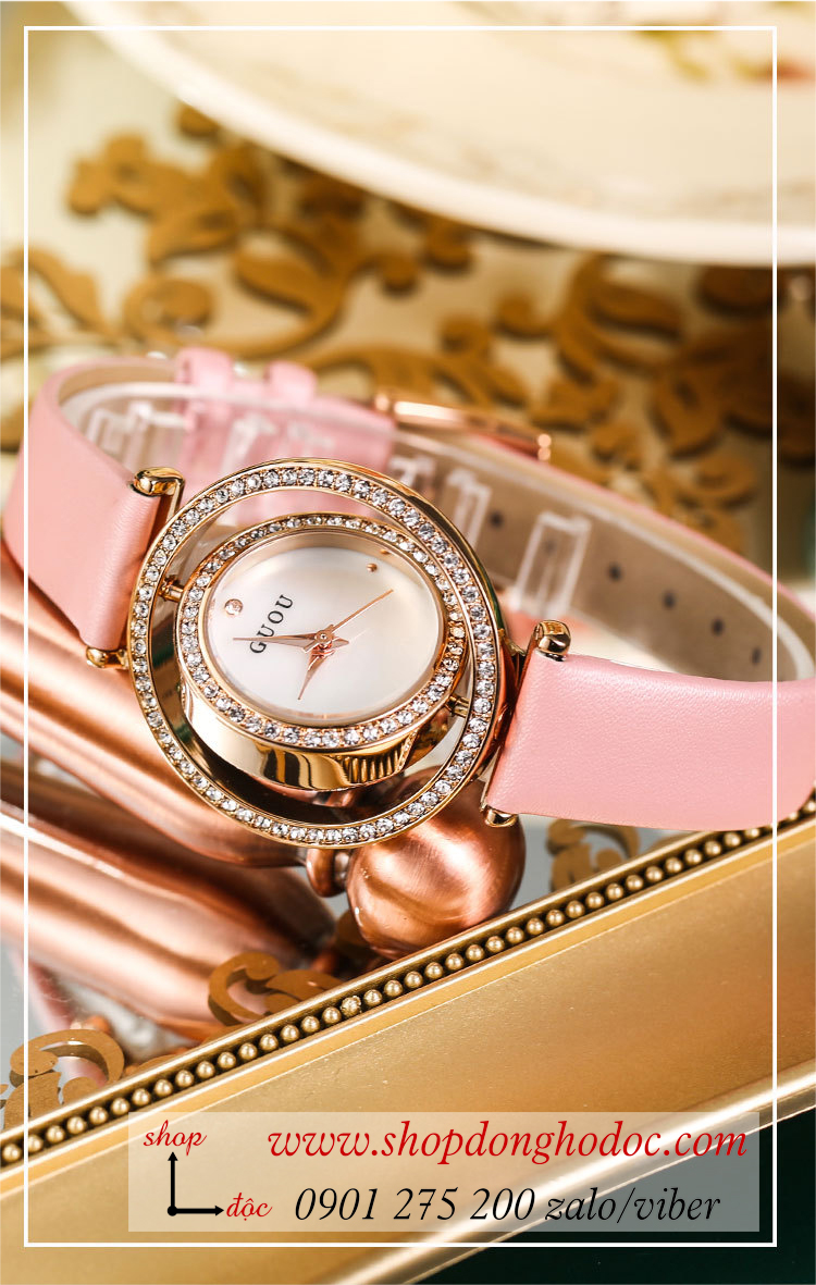 Đồng hồ nữ Guou nữ dây da mặt tròn đính đá xoay 360 độ hồng pastel dịu dàng ĐHĐ32902