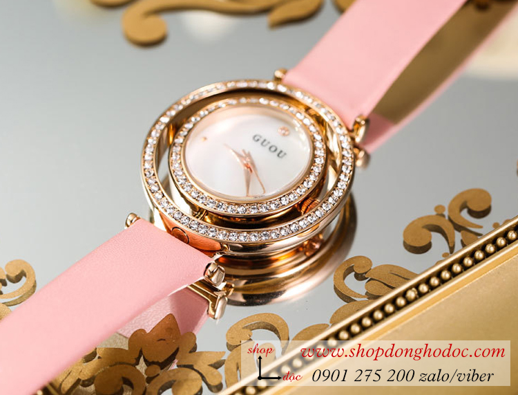 Đồng hồ nữ Guou nữ dây da mặt tròn đính đá xoay 360 độ hồng pastel dịu dàng ĐHĐ32902
