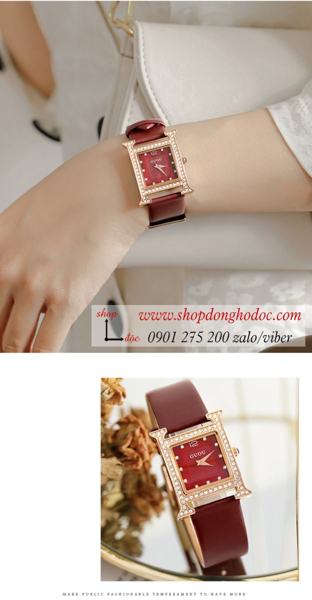 Đồng hồ Guou nữ dây da mặt vuông đính đá đỏ đô quyến rũ ĐHĐ35805