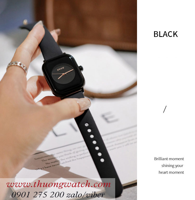 Đồng hồ Guou 8162 nữ dây silicon đen mặt chữ nhật đen sành điệu ĐHĐ38505