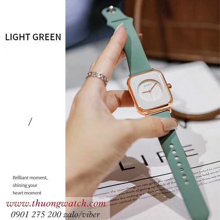 ​Đồng hồ Guou 8162 nữ dây silicon xanh mặt chữ nhật trắng thời trang ĐHĐ38506