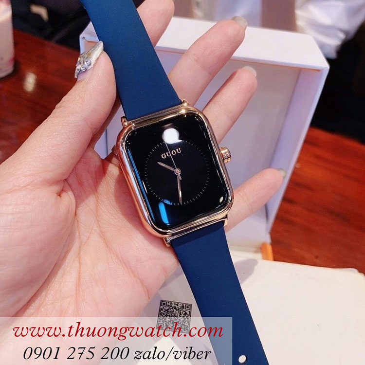 Đồng hồ Guou 8162 nữ dây silicon xanh biển mặt chữ nhật đen sành điệu ĐHĐ38512