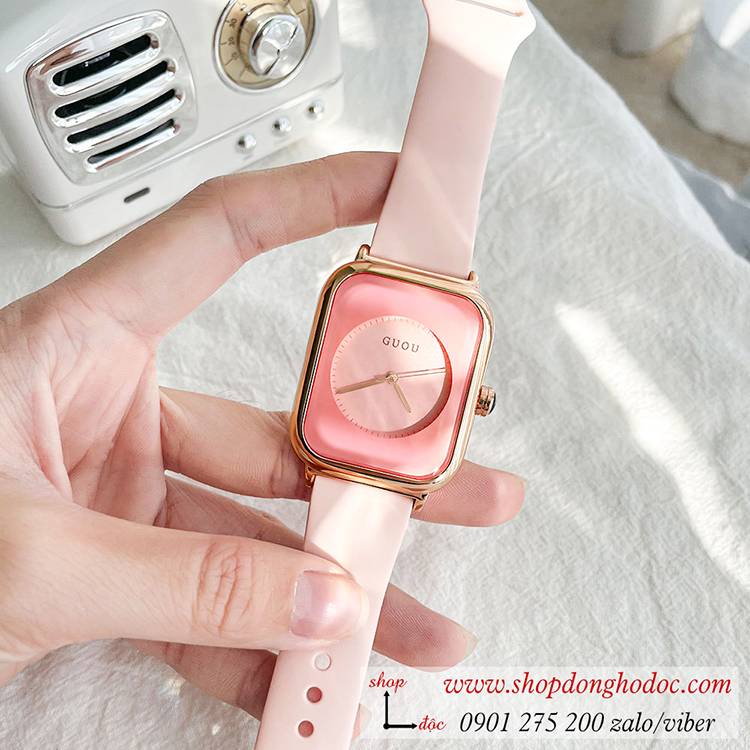 Đồng hồ Guou nữ dây silicon hồng mặt chữ nhật hồng pastel ngọt ngào ĐHĐ38504